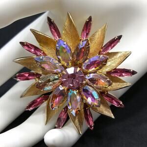 Pink Aurora Borealis Flower Brooch, Gold Plated, Light Dark Pink Rhinestones